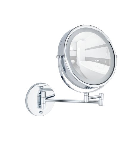 WENKO 3656530100 Power-Loc LED Wandspiegel Lumi - Befestigen ohne bohren, Spiegelfläche ø 17.5cm, 500% Vergrößerung, Stahl, 25.5 x 32 x 4-35 cm, Chrom