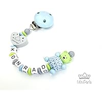 Schnullerkette mit Namen - Bär mit Häkelperle - Schutzengel - Junge - blau - grau - grün - A007