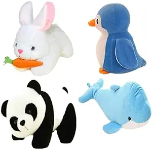 Future shop Combo of 4 Soft Toys for Kids White Rabbit (28 cm), Panda (30 cm) Penguin (25 cm), Dolpin (20 cm) - Multicolor