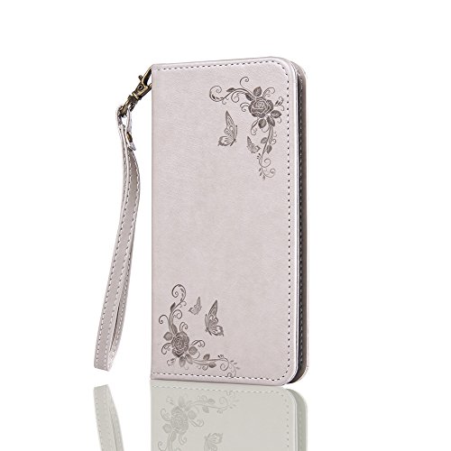 SKYXD Leder Hülle für Samsung Galaxy A5 2016 Rosen Blumen und Schmetterlings Muster,PU Folio Klappbar SchutzHülle [Brieftasche Kartenfach / Magnet / Standfunktion / Trageschlaufe] KlappHülle für mit [Koala Handyanhänger + Eingabestift] 3 in 1 Zubehör Set Handy Tasche Etui for für Samsung Galaxy A5 2016 A510F Bookstyle Flip Case Leather Cover With [Stylus and Dust Plug]- Grau - 2