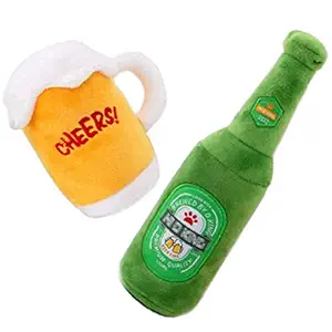 CheeseandU Dog Squeaky Plush Toys Set - Puppy Chew Toy -2 Pack Cute Stuffed Plush Beer Mug Bottle Toy for Puppy Small Medium Dogs