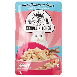 Kennel Kitchen Wet Cat Food for Adults and Kittens, Fish Chunks in Gravy, 12 Pouches (12 X 80 GMS)