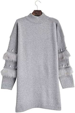 Lady fur and crystal Stone diamond embellished Sleeves long tunic knitted jumper wool blend funnel neck design