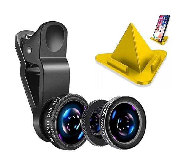 NOCXTUN 3in1 Set Mobile Professional HD Camera Lens: 180° Fisheye Lens+Wide Angle+10x MM Macro Lens with Bag Clip Holder Kit for All Smart Phones, Tablets, iOS, Android & Mobile Stand Free