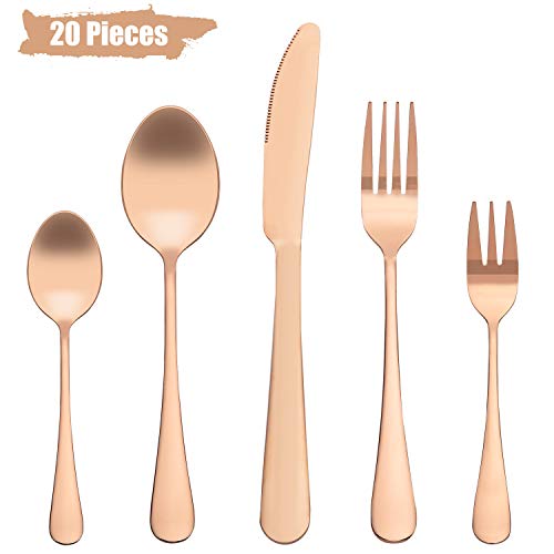 LOMOFI 20 Piezas Elegante Juego de Cubiertos Cuchillería de Acero Inoxidable, Incluir Cuchillos/Cucharas Cena/Cucharaditas/Tenedors, Servicio para 4 (Rosa de Oro/Efecto de Cobre)