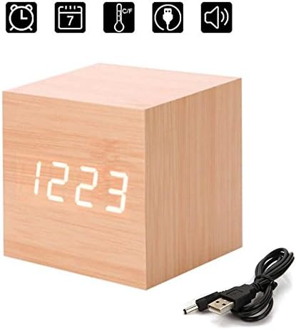 Wood Wooden Cube Digital LED Light Desk Travel Mute Alarm Clock USB/AAA Timer Temperature Snooze Voice Sound Control Calendar (yellow wood White light)