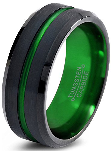 Tungsten Wedding Band Ring 8mm for Men Women Green Black Beveled Edge Brushed Polished Lifetime Guarantee