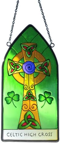 8" Stained Glass Hanging Panel With Celtic High Cross Design