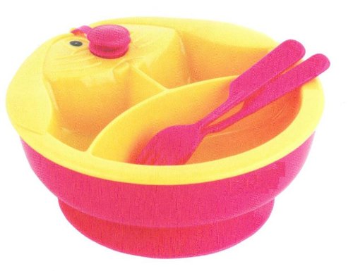 FOR BABIES - 3 Compartment Food Warmer Baby plate Set - Easy & Safe (Pink/Yellow)