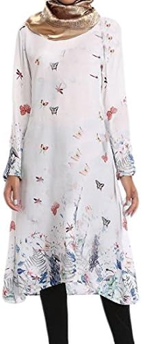 aicessess Women Longline Muslim Abaya Arab Slim Fitted Crewneck Dress White M