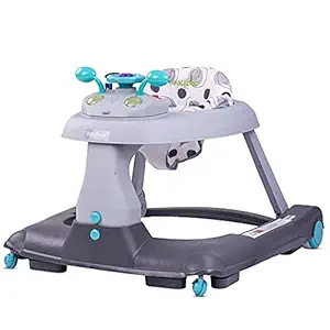 Baybee Quack 3 in 1 Baby Walker Cum Ride on with Adjustable Height, 6 Advanced Safety Stoppers, Steering Wheel, Removable Toys and Music, Foldable Activity Walker for Babies 6 Months -2 Years (Grey)