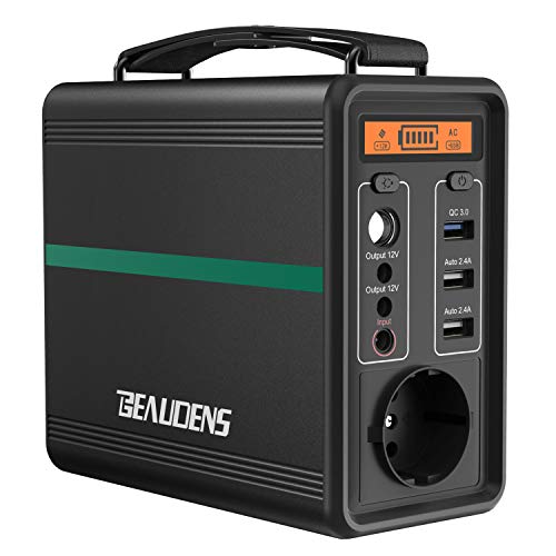 BEAUDENS Generador Portátil Solar 166Wh, Batería de Litio-ferrofosfato, 2000 Ciclos, 10 Años de Duración, 6 Puertos (1 CA, 2 CC, 3 USB) para Acampada, Emergencia, Electrodomésticos, Viaje