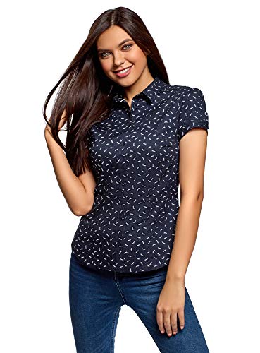 oodji Ultra Mujer Camisa de Algodón de Manga Corta, Azul, ES 40 / M
