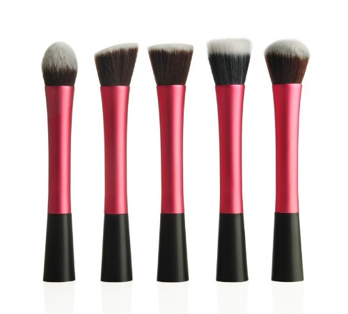 LyDia Professional 5pcs Hot Red Pink flat top foundation/angled blusher/face powder/stippling/face contour makeup brush set