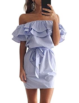 cooshional Damen Schulterfrei Kleid Partykleid Minikleid Sommerkleid Gestreift Baumwolle