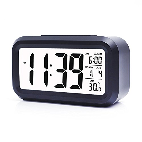 LED Digitaler Wecker VPOWER® Großer Display, Schlummertaste, Datumsanzeige, Temperatur und Sensor Licht Schwarz - 2