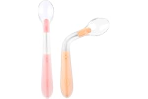 Vicloon 2 pcs Cuchara de Silicona para Alimentación de Bebés con Función Plegable, Cucharas de Bebé, Cuchara para Bebé para Alentar Su Bebé Comer de Forma Independiente (Rosa y Amarillo)