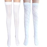 Medias blancas pointelle muslo alta de algodón de las mujeres, muy por encima de la rodilla. Abrir patrones de ganchillo tejidas. Es bonito y funcional. Mantiene las piernas ventilados. Las señoras pueden usarlos durante un día entero sin sobrecalentarse.