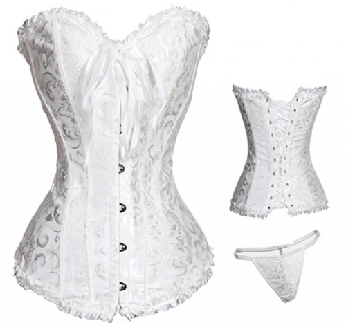 Newleaves-Women-Sexy-White-Overbust-Corset-Burlesque-Basque-Lingerie-with-Thong-Size-22-24