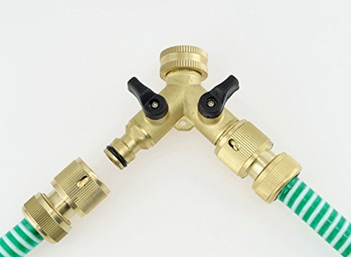 2 Teile Set: Y- Verteiler und Schlauchkupplung mit Wasserstop. Verteiler 3/4“ IG mit Steckverbindung 1/2 Zoll Ausgänge mit 2 Kugelhähne. 2-Wege-Ventil für Gartenschlauch. Y-Verteilerstück - 3