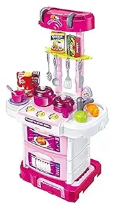 VACHCHHARAJ SALES Kids 36-Piece Kitchen playset, with Realistic Lights & Sounds, Play Sink with Running Water,Dessert Shelf Toy & Kitchen Accessories Set for 4 Year Old Girls-Multi Color