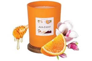 AVA & MAY Sicilia Candela profumata (180g) – Vasetto di vetro con candela vegana dal profumo fruttato di miele, magnolia e arancia – Candele fatte a mano estive