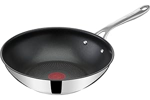 Tefal Jamie Oliver by Cook's Direct On E3041934 Poêle wok avec revêtement anti-adhésif, signal thermique, poignée rivetée, compatible induction, en acier inoxydable, 28 cm