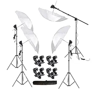 HIFFIN E27 IV Point Studio Double Holder Kit Umbrella White + Studio Light Stand 9 FT Bulb Holder KIT Mark IV | 4 Double Holder | 4 Light Stand 9ft | 4 Umbrella |1 Boom