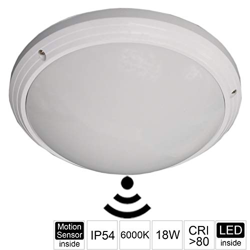 Preisvergleich Produktbild Deckenleuchte LED mit Bewegungsmelder Coolwhite (6000K) 18W 1800Lm Wasserdicht (IP54) Runde Unterputzmontage für Bad Badezimmer Küche Schlafzimmer Flur Flur Balkon(18W Kaltweiß, Motion sensor)