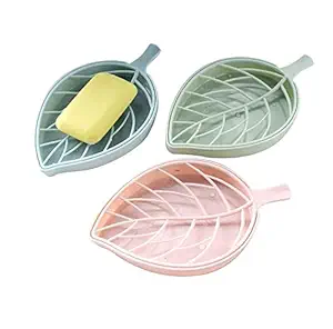 Inditradition Leaf Shape Designer Soap Tray | Drip Soap Box with Water Draining Tray, Pack of 3 (Plastic, Assorted Color)