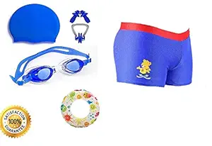 Baby & Sons Boys Swimming Kit with Swimming Costume (Color/Design May Vary) Swimming Goggles Silicone Swimming Cap 1 Nose Clip 2 Ear Plugs with Swimming Ring (4-6 Years)