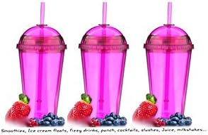 3 x Large PINK Smoothie Cups (Double walled) with screw lids and plastic straws - Milkshakes , Smoothies , Slushies, Ice cold drinks - Tumbler