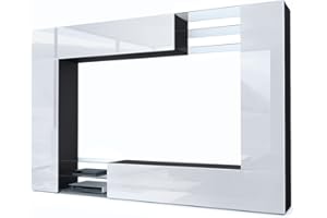 Vladon Wohnwand Mirage, Made in Germany, Anbauwand mit Rückwand mit 2 Türen, 2 Klappen und 6 offenen Glasablagen, Schwarz matt/Weiß Hochglanz (262 x 183 x 39 cm)