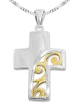 CLEVER SCHMUCK-SET Silberner Anhänger breites Kreuz 19 mm gewölbt glänzend bicolor rechts teils offen elegant...