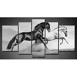 5 Panel Negro Y Blanco Caballos Corriendo En Pradera En VeranoPintura de la pintura de la pared La impresión de la imagen Decoración Moderna del Ministerio del Interior