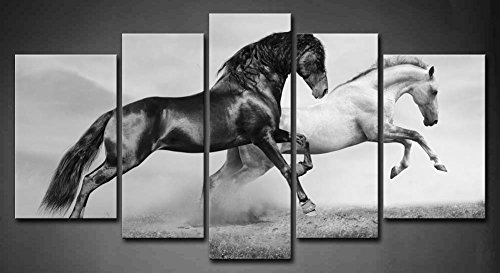 5 Panel Negro Y Blanco Caballos Corriendo En Pradera En VeranoPintura de la pintura de la pared La impresión de la imagen Decoración Moderna del Ministerio del Interior