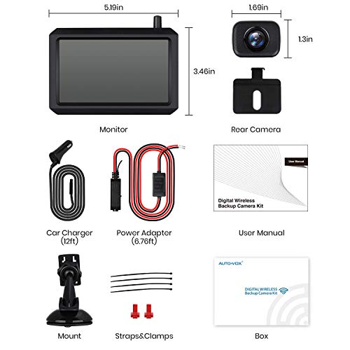 AUTO-VOX W7 Kabellos Digital Rückfahrkamera Set mit 12.7cm LCD-Monitor mit Antenne, eingebautem Funksender, Wireless Einparkhilfe,Wasserdicht IP68-Backup-AutoKamera, Nachtsicht für SUV,Van,KfZ - 9