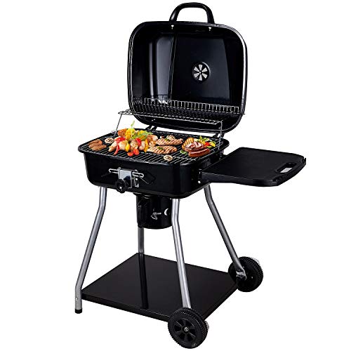 SunJas Barbacoas de Carbón Leña de Jardín Exterior BBQ Vegetal Carbón con Rejilla de Acero Inoxidable Parrillas Asador Portátil con Ruedas Facil Mover, con Estante Plegable, 102L ×57W ×95H (cm)