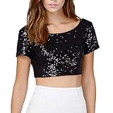 Yvelands Damen Mode T-Shirt Kurzarm Sexy Oansatz Feste Pailletten Kurzarm Kurzes Nabel Top Bluse WesteTank Top(Schwarz,M)