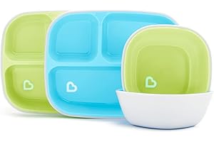 Munchkin 4-częściowy Zestaw Obiadowy dla Maluchów Splash, 2 Talerze z Przegródkami, 2 Miski, do Karmienia Niemowląt, Zestaw Naczyń dla Niemowląt od 6 Miesiąca Życia, bez BPA, Niebieski/Zielony