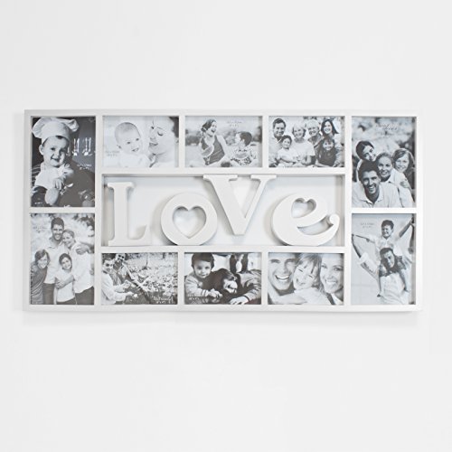 Smartfox Bilderrahmen Fotorahmen Collage für 10 Bilder im Format 6 Fotos 10×15 cm und 4 Fotos 13×18 cm in Weiß Motiv: Love - 2