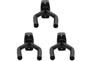 Fiorky 3Set Guitar Wall Mount Hanger, Holder for Acoustic Guitar, Bass, Mandolin, Ukulele - Black Metal + Sponge, Modern Style, Wall Mount, 3 Hooks, 75g - 3kg Weight Capacity