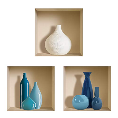 DIY Pegatinas Etiquetas para Pared Desmontables de Vinilo 3D Arte Mágico de Nisha, Conjunto de 3, Floreros azules y blancos