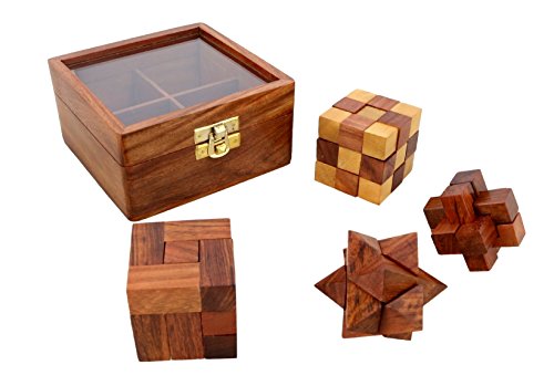 4-in-One Wooden Puzzle Games Set - 3D Puzzles for Teens and Adults - Includes Wood Interlocking Blocks, Diagonal Burr,Soma Cube and Snake Cube in Storage Box