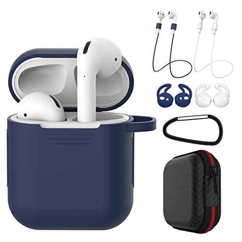 OYY - Set di accessori 7 in 1 per Apple Airpod 1 e 2 custodie per caricabatterie, cuffie, tasca con cerniera, moschettone, cinghia anti-perdita, custodia in silicone blu scuro
