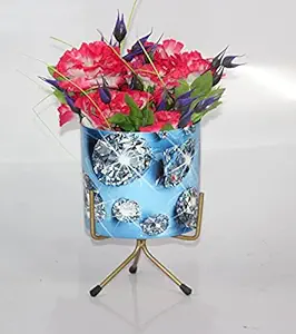 Elegant Crafts India Mordern Design Table or Outdoor Planter with Rust Free Metal Stand Plant Container Set Pack of 1 Width X Height 06X7.5 Inches (Blue Diamond Printed Design)