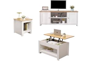 Homemade Deisgn FurnitureHMD Living Room 3 Piece Set TV Cabinet 2 Doors TV Stand Lift-up Top Coffee Table with Hidden Compartment Lamp Table Small Side Table (Set A)