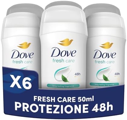 Dove Deodorante Stick, Fresh Care, Deodorante Antitraspirante in Stick, Protezione Fino a 48 Ore, con 1/4 di Crema Idratante, Formula Delicata, Deodorante Uomo e Donna, 6 Pezzi da 50 ml