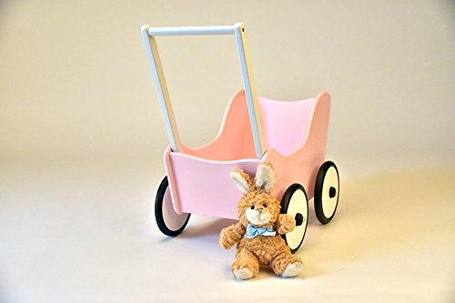 SchwabenKids® Puppenwagen rosa mit TEXTIL + Bremse Lauflernwagen Lauflernhilfe Holz Gehfrei Bremse Clip Räder Holzpuppenwagen - 4