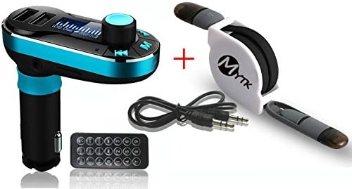 MYTK Upgraded Luxury Version Car MP3 Player LED Display FM Transmitter Bluetooth Hands-free Car Kit Dual USB Output with Remote Controller and Retractable 2-In-1 USB Data Cable (Style 1)